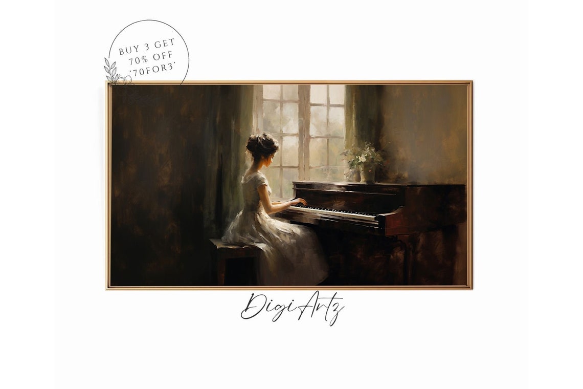 Woman Playing Piano by Window Moody Romantic Oil Painting Poster