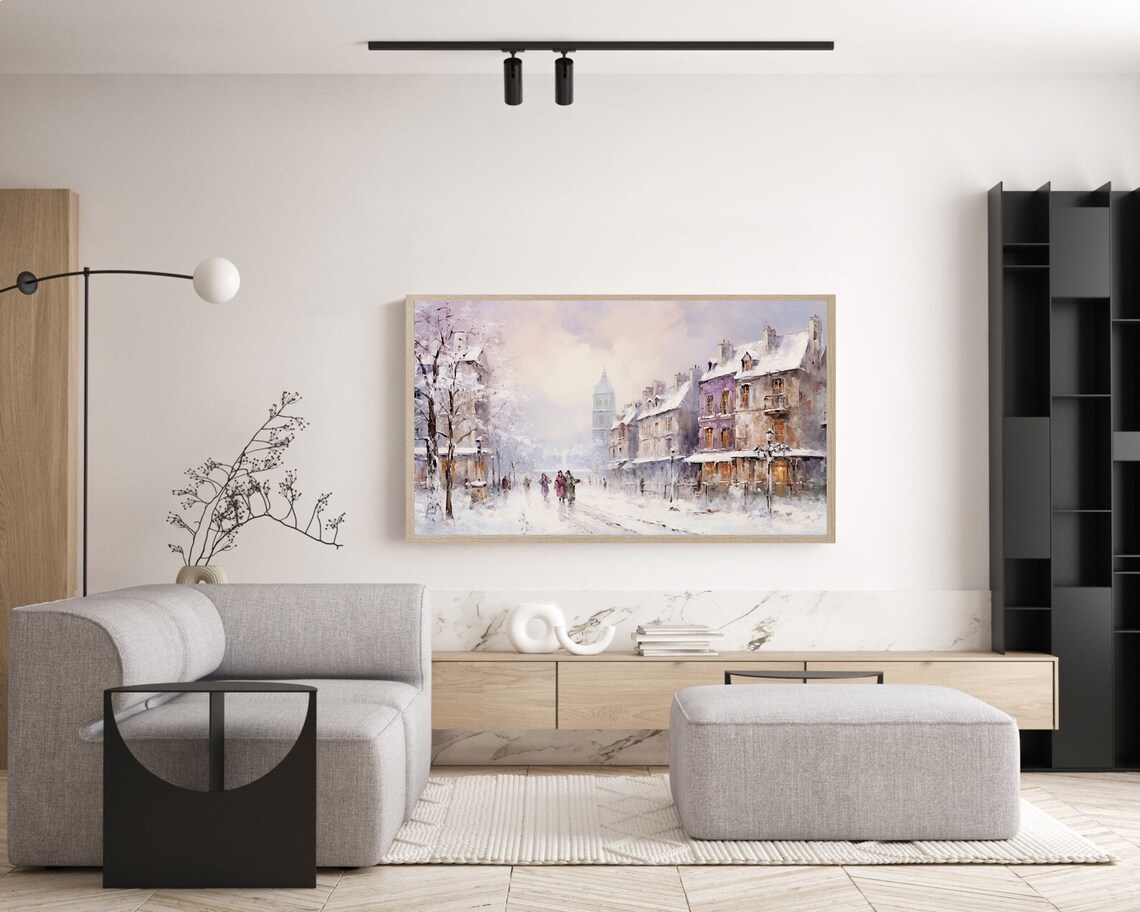 Frame Tv Winter Town Oil Painting Vintage Cottagecore Academia Christmas Decor Rustic Snowy Winter Landscape Holiday Farmhouse Print - Image 5