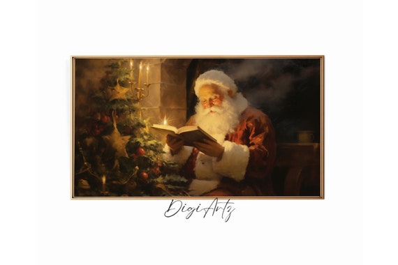 Frame Tv Vintage Christmas Wall Art Santa Reading Book Christmas Oil Painting Cottagecore Dark Academia Moody Christmas Winter Decor