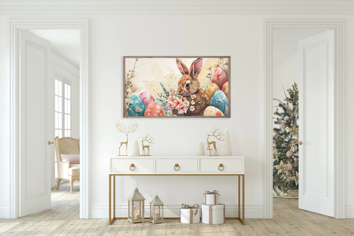 Easter Bunny Watercolor With Painted Eggs And Spring Flowers Poster - Image 4