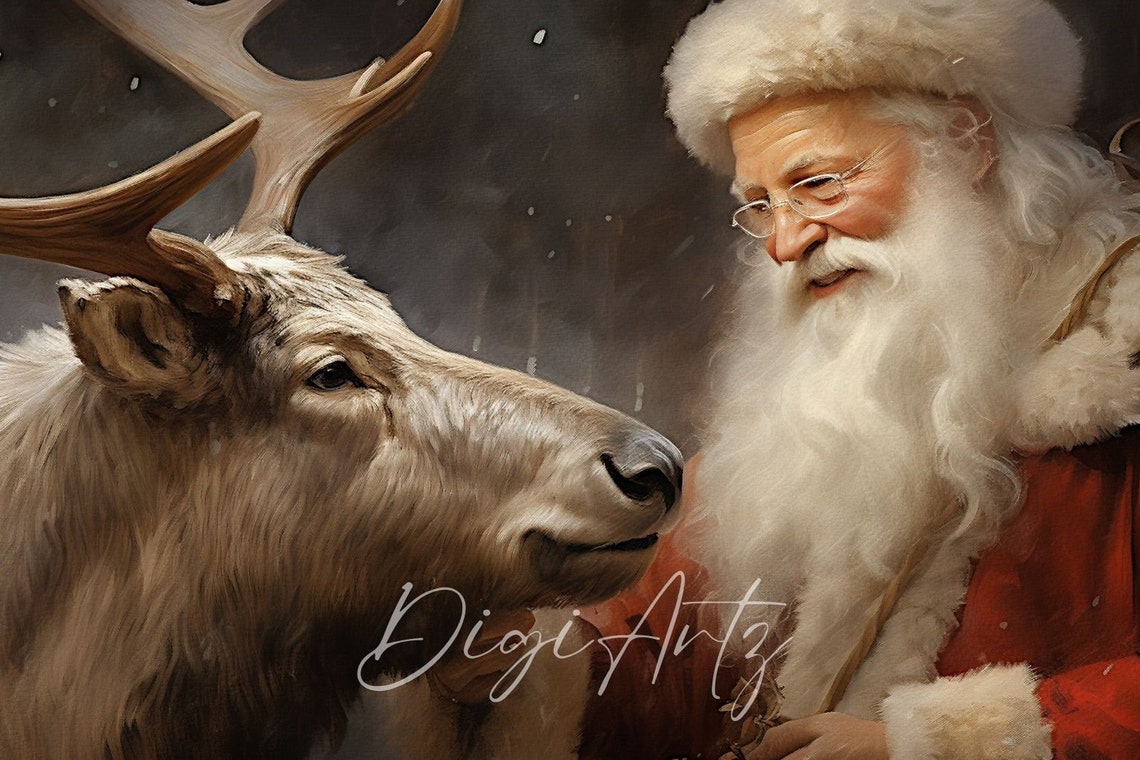 Tender Santa Claus And Reindeer Nuzzling In A Winter Night Poster - Image 6