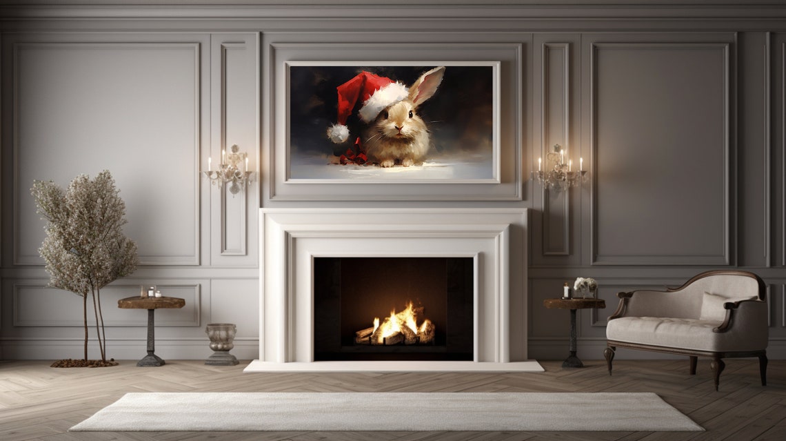 Adorable Bunny In A Santa Hat With A Red Ribbon Bow Dark Poster - Image 4