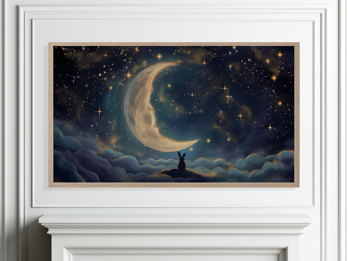 Bunny Gazing At Crescent Moon Starry Night Cloud Painting Poster - Image 4