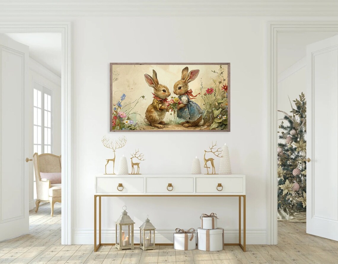 Two Bunnies in Love Vintage Storybook Rabbit Illustration Poster - Image 5
