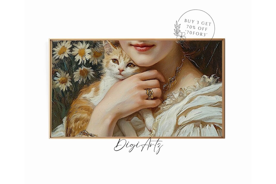 Woman Holding Orange Kitten Among Daisies Vintage Oil Painting Poster