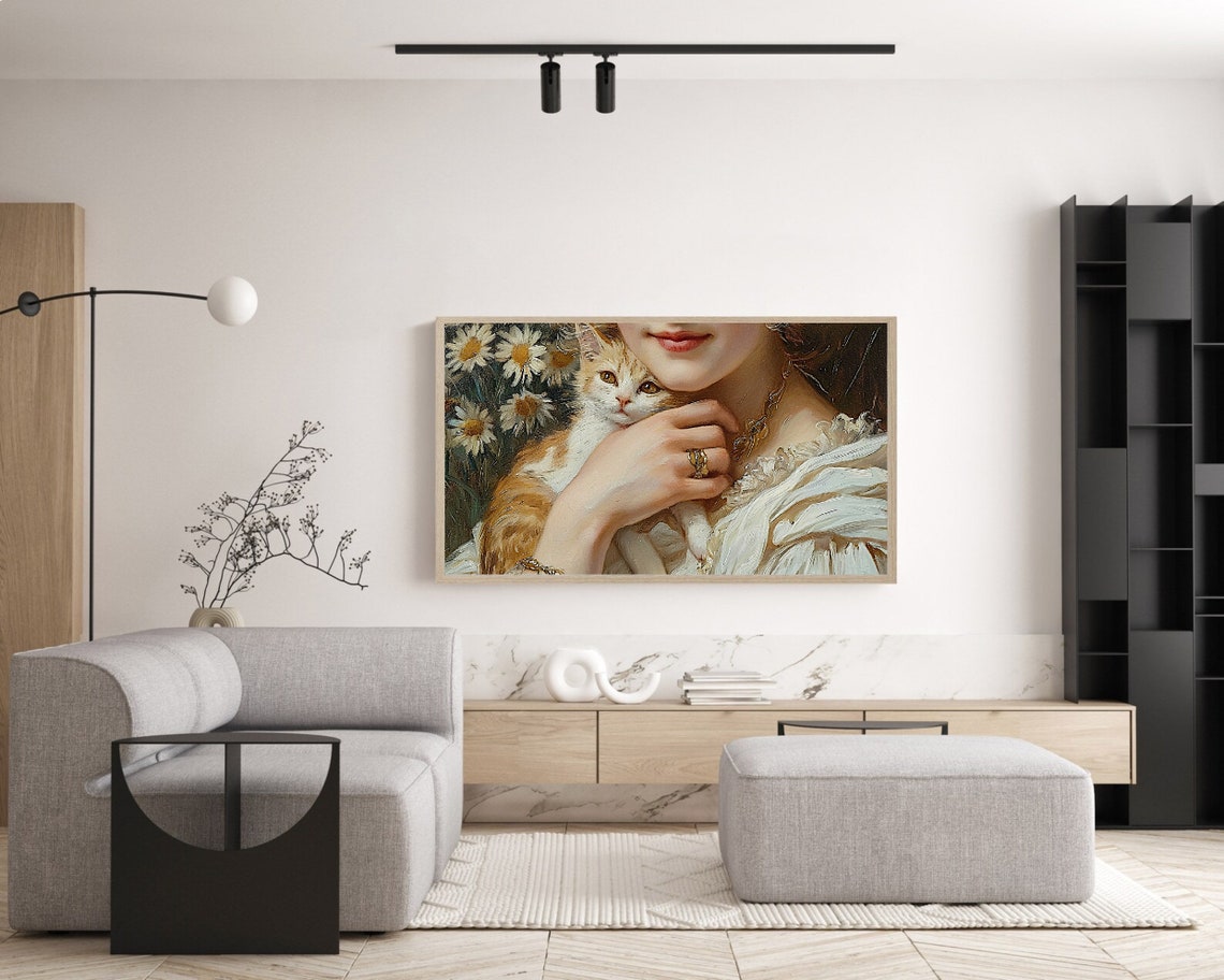 Woman Holding Orange Kitten Among Daisies Vintage Oil Painting Poster - Image 5