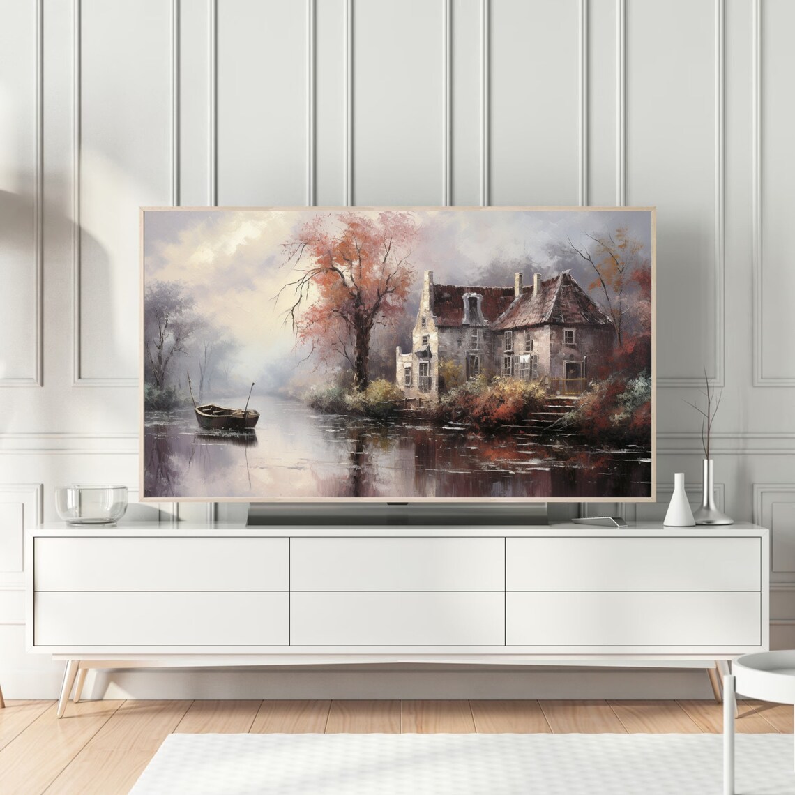 Autumn Countryside Riverside Old House Red Leaves Oil Painting Poster - Image 5