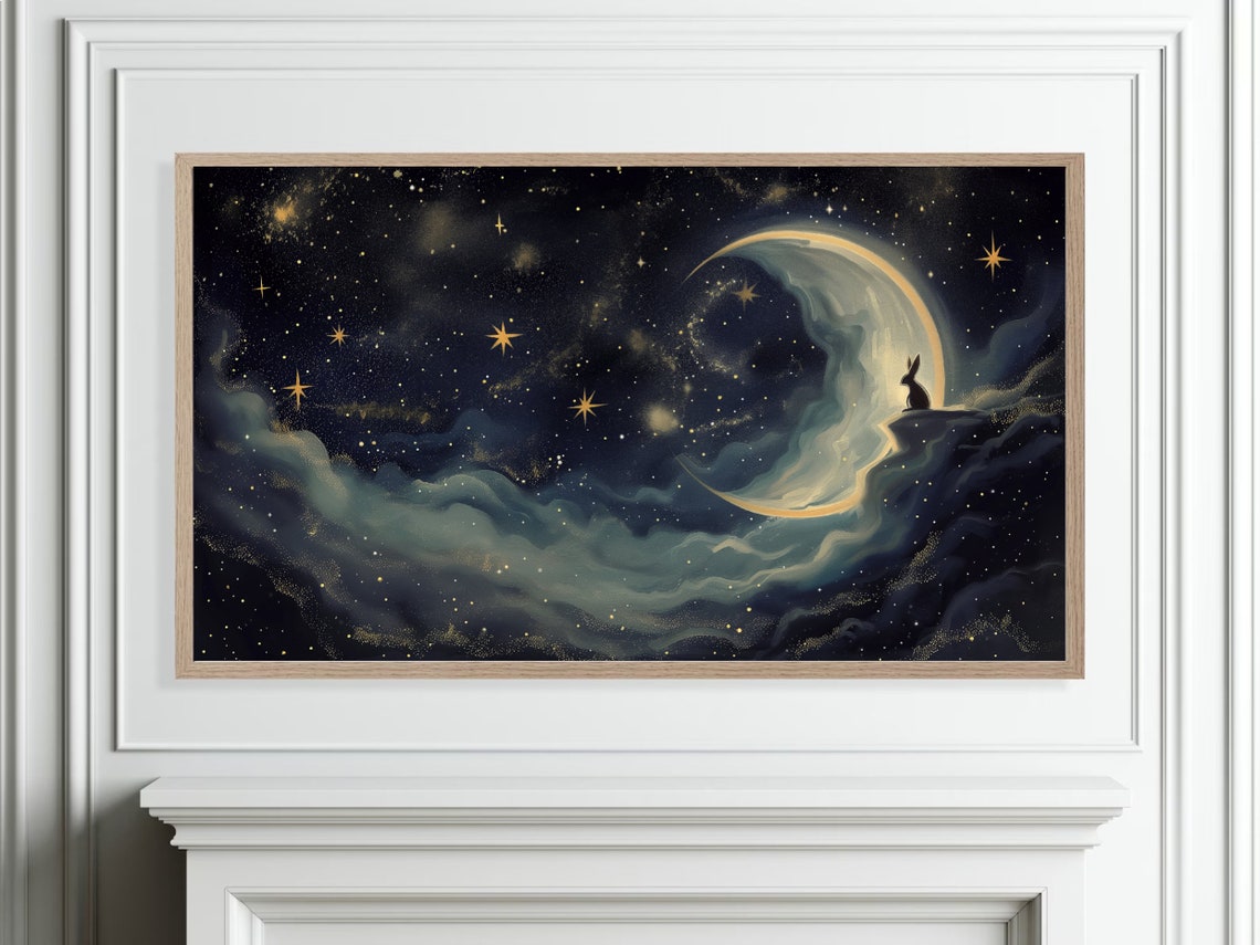 Crescent Moon Bunny Silhouette Starry Night Sky Nursery Poster - Image 3
