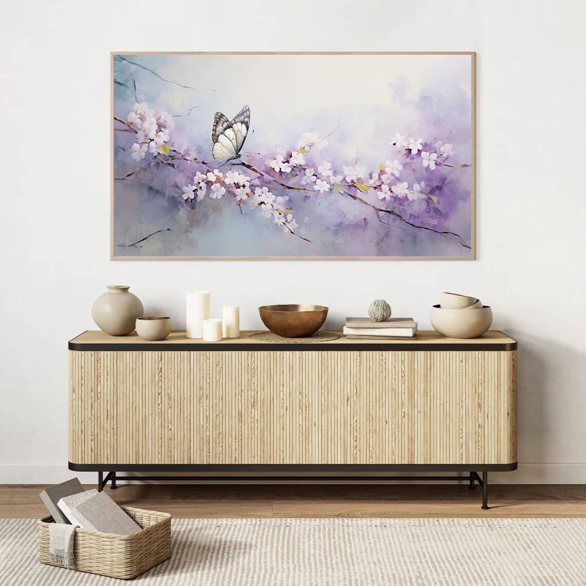 Butterfly on Cherry Blossom Branch Lavender Spring Oil Painting Poster - Image 5