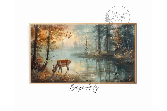 Deer Drinking At Misty Forest Pond Autumn Wildlife Painting Poster