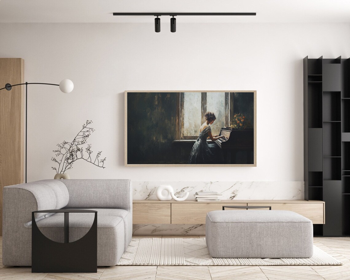 Woman Playing Piano By Sunlit Window Dark Moody Oil Painting Poster - Image 3