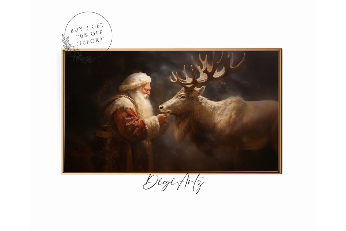 Frame Tv Art Vintage Christmas Wall Art Santa Reindeer Companionship Oil Painting Cottagecore Academia Christmas Decor Winter Print