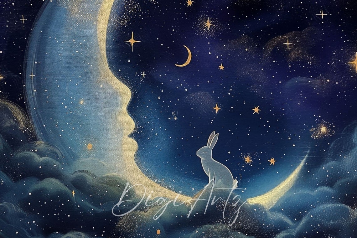 Man In The Moon Face Profile Bunny Celestial Night Sky Poster - Image 6