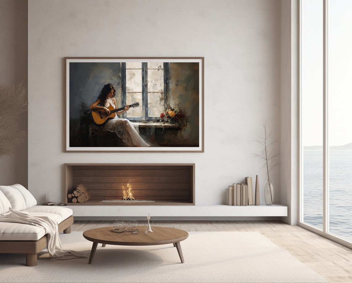 Woman Playing Guitar By Window Moody Musician Oil Painting Poster - Image 2