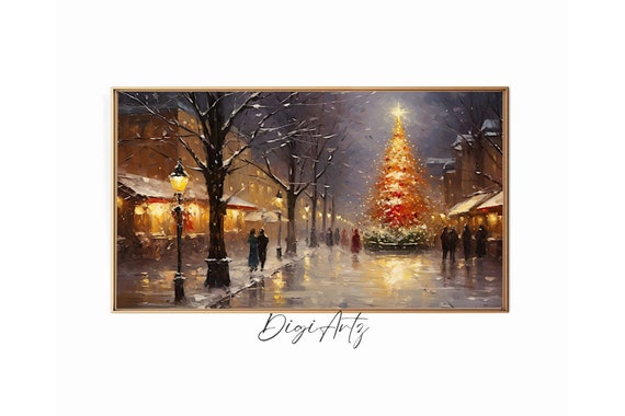 Frame Tv Christmas Night In Town Oil Painting Cottagecore Christmas Tree Decor Moody Winter Landscape Holiday Print Farmhouse Art