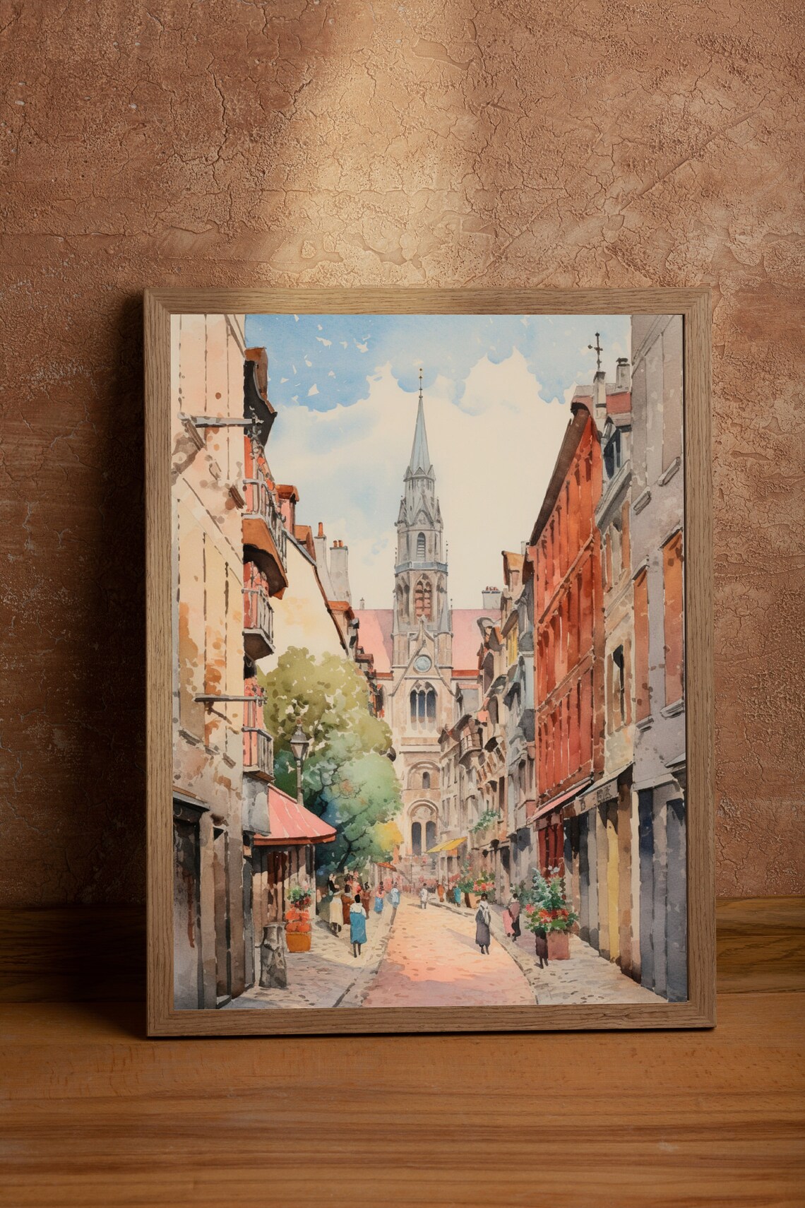 European Street Church Spire Cobblestone Watercolor Travel Poster - Image 2