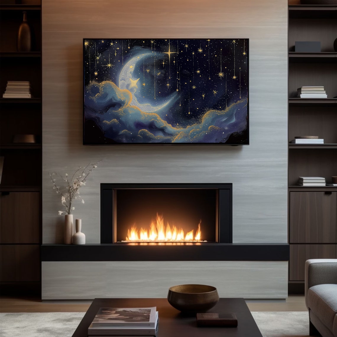 Crescent Moon Hanging Gold Stars Celestial Night Sky Painting Poster - Image 3