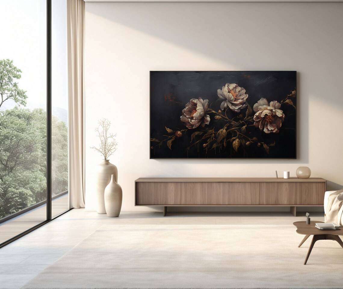 Dark Moody White Peonies Black Botanical Floral Painting Style Poster - Image 3