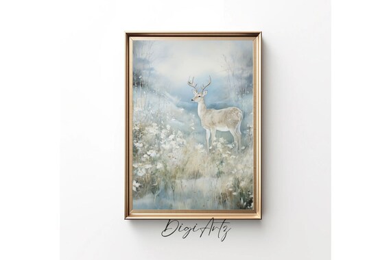 White Stag Wildflower Meadow Soft Watercolor Woodland Animal Poster