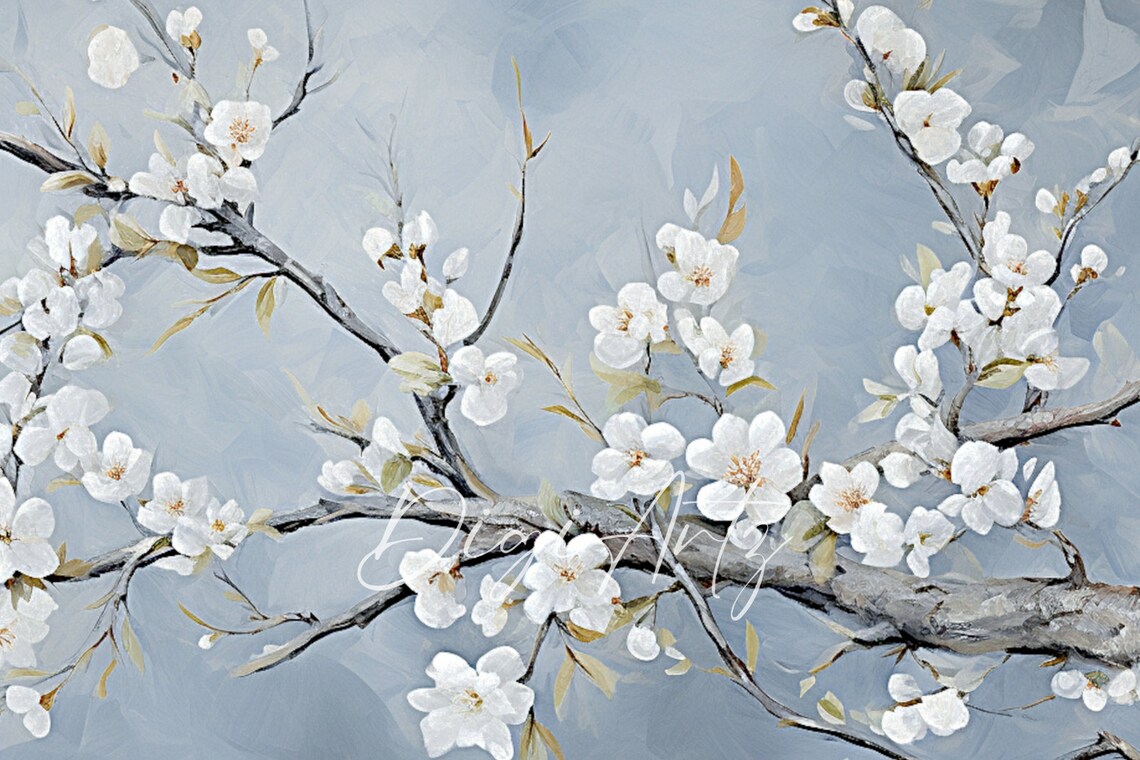White Almond Blossom Branches on Blue Spring Oil Painting Poster - Image 6