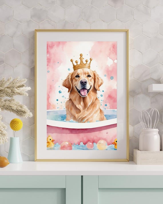 Funny Golden Retriever Bathroom Wall Art Watercolor Dog Print