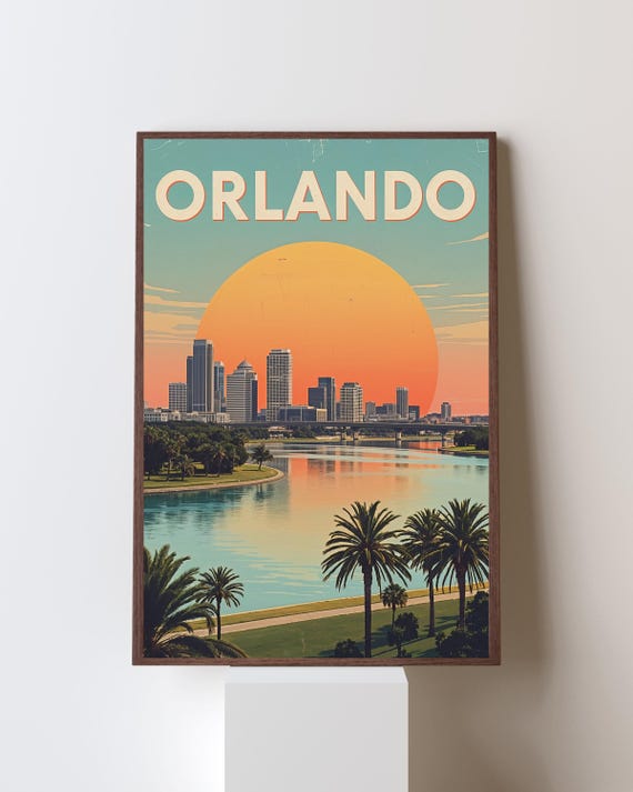 Orlando Skyline Sunset Lake Palms Retro Florida Travel Poster