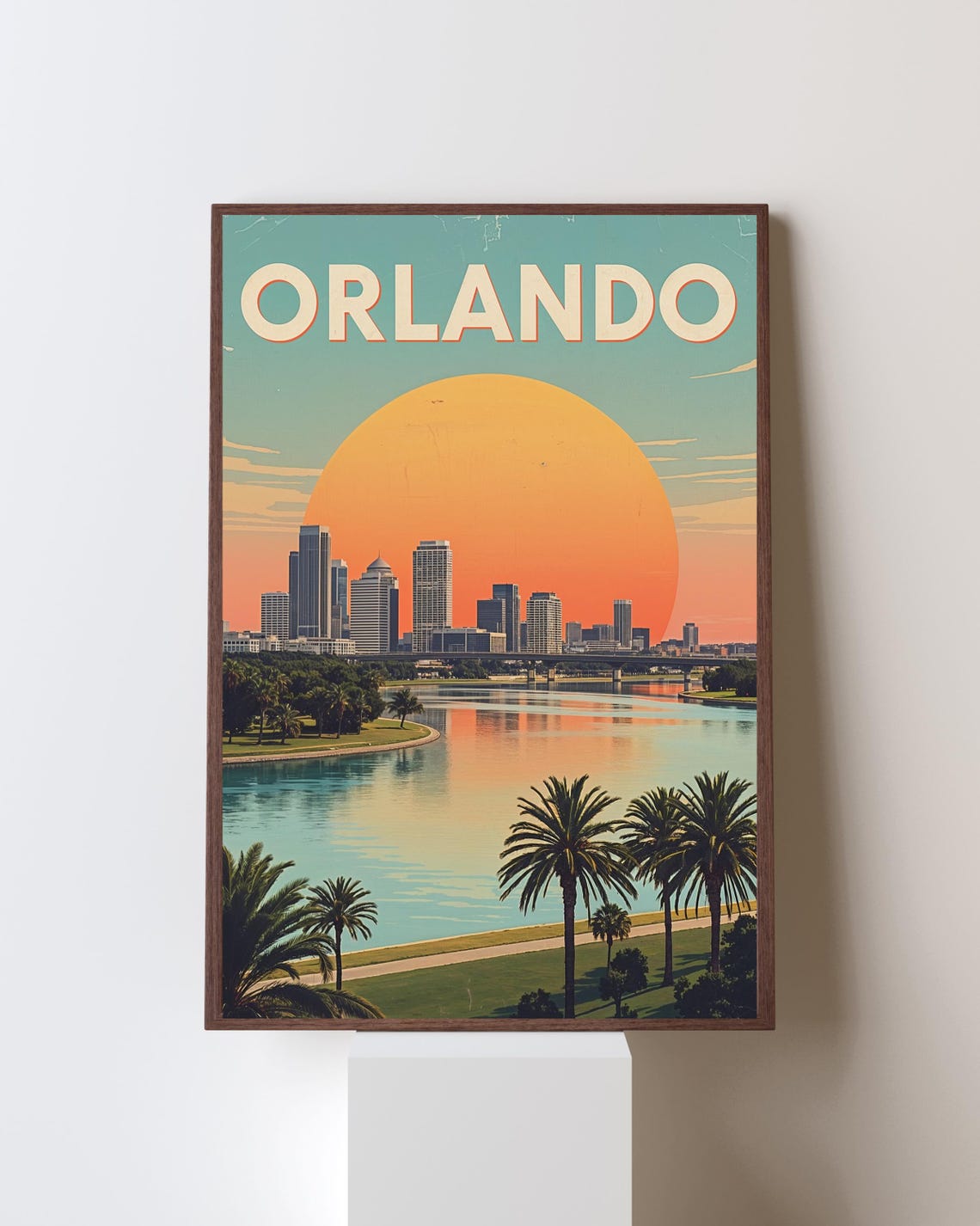 Orlando Skyline Sunset Lake Palms Retro Florida Travel Poster