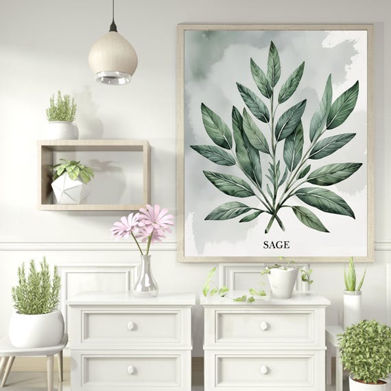 Watercolor Sage Herb Print Elegant Botanical Kitchen Wall Art