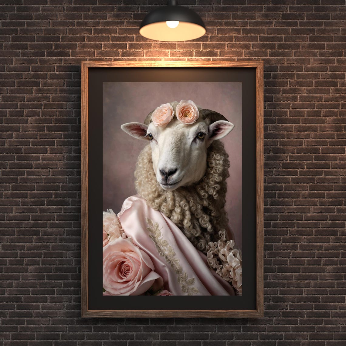 Sheep Royal Portrait Elegant Floral Crown Pink Satin Animal Poster