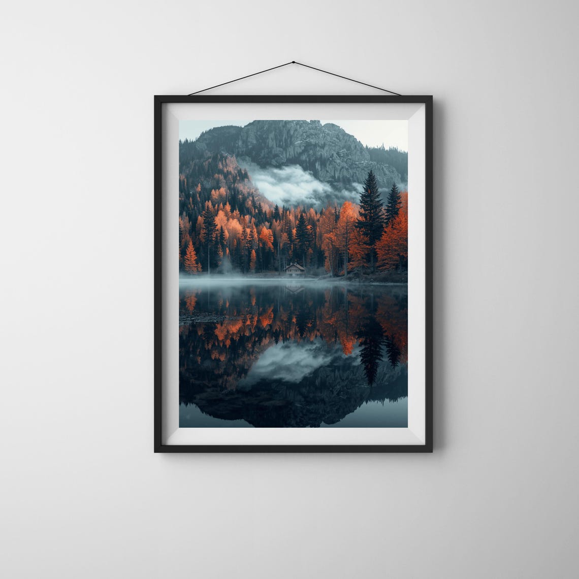 Misty Autumn Mountain Lake Mirror Reflection Nature Photo Art Poster