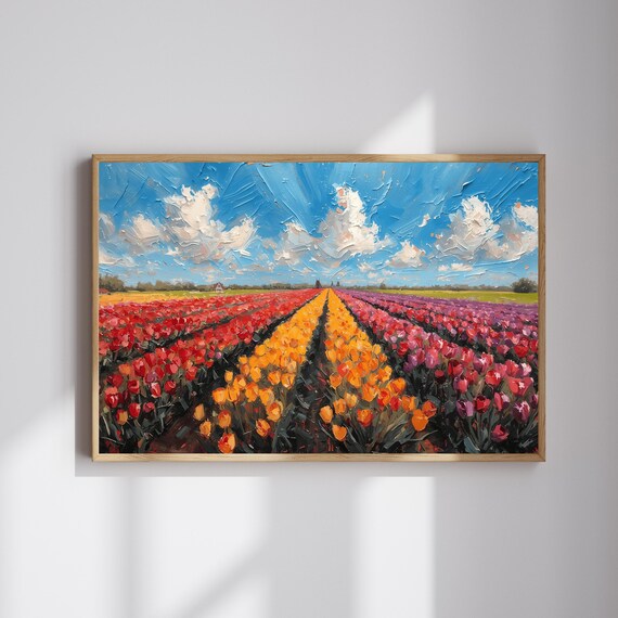 Tulip Field Colorful Rows Oil Painting Spring Landscape Poster