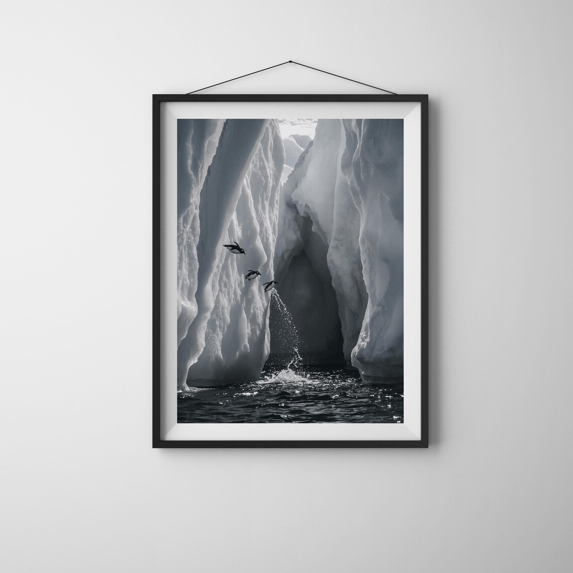 Penguins Diving Off Ice Cliffs Black And White Antarctic Wildlife Poster