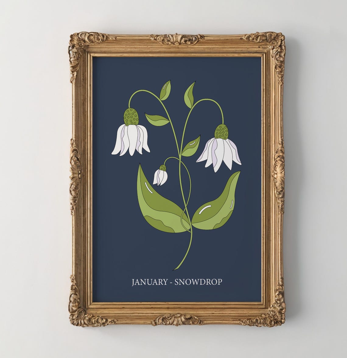 January Birth Flower Snowdrop Botanical Illustration Navy Wall Art