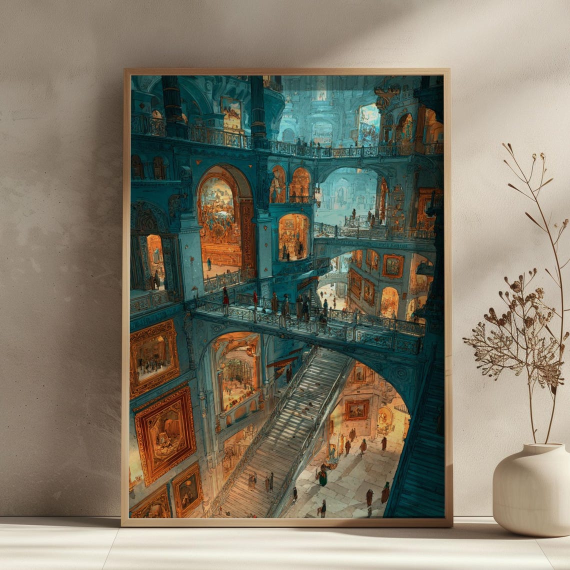 Dreamy Blue Museum Hall Surreal Escher Style Architecture Wall Art