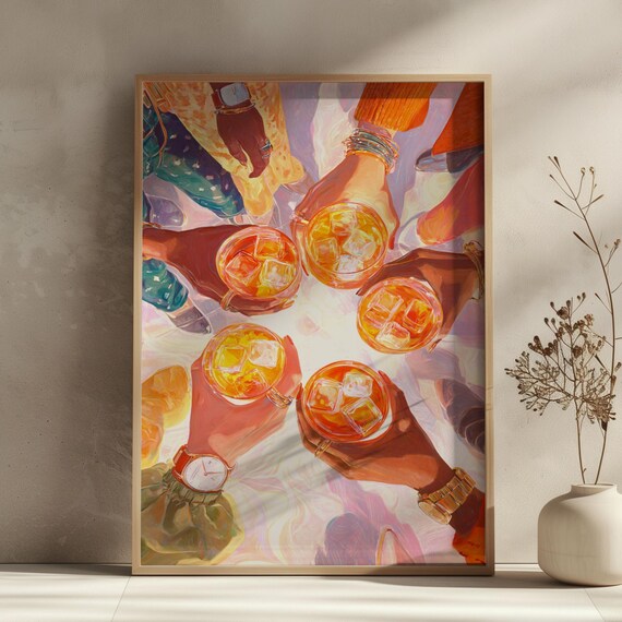 Friends Toasting Orange Cocktails Cheers Vibrant Party Wall Art