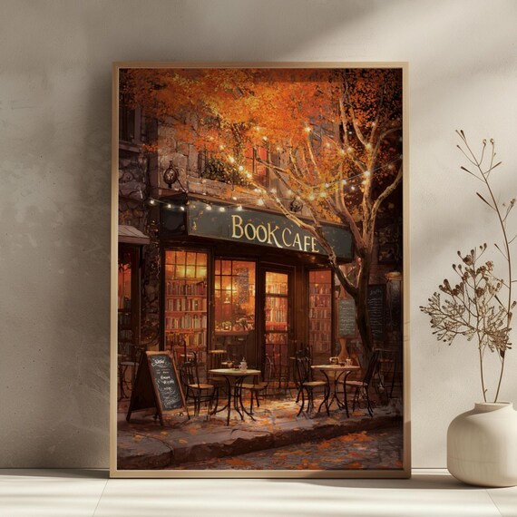 Cozy Book Cafe Autumn Evening Glowing Warm Bookstore Wall Art