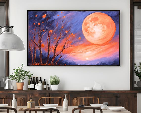 Full Moon And Autumn Trees Painting Large Night Sky Wall Art Abstract Nature Inspired Wall Decor Vibrant Seasonal Landscape Print