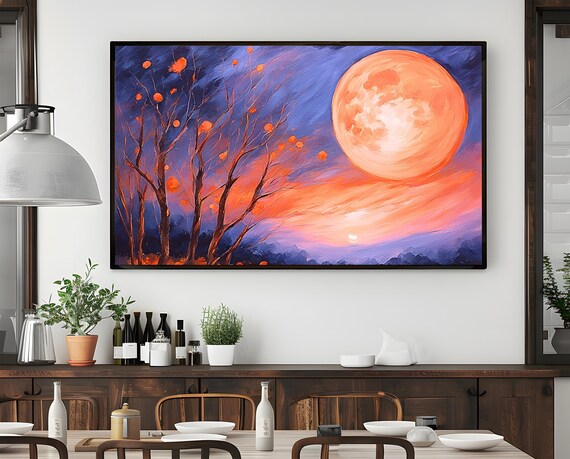 Giant Orange Moon Over Purple Night Sky With Bare Trees Poster