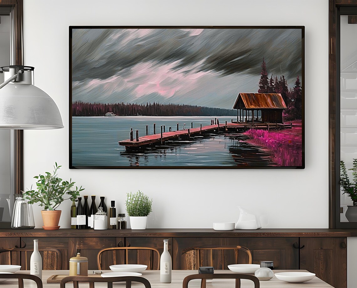 Stormy Lakeside Cabin Panoramic Landscape Art Print