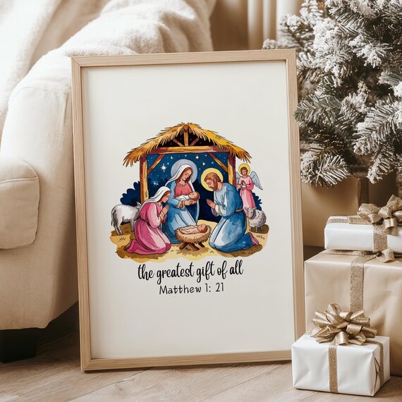 Faith Christian Christmas Print Bible Verse Christmas Manger Nativity Scene Greatest Gift Of All Art Matthew 121 Bible