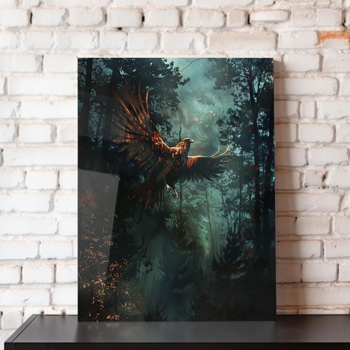 Hawk With Spread Wings Soaring Through Misty Dark Forest Bird Poster
