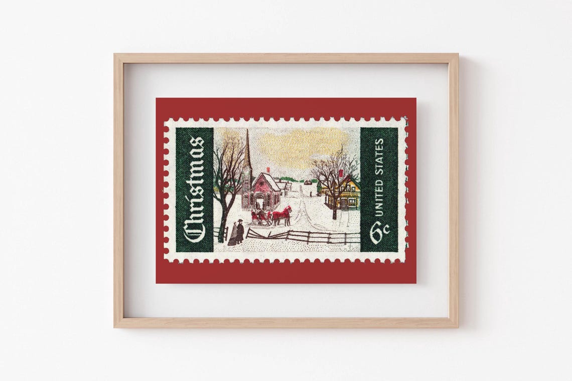 Vintage Christmas Stamp 6 Cent Sleigh Scene Red Frame Poster - Image 6