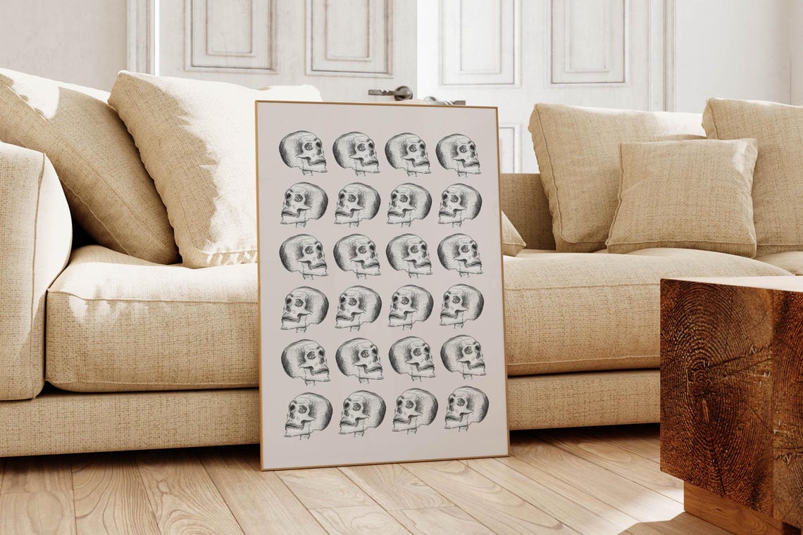 Vintage Skull Studies Grid Spooky Halloween Sketch Art Poster - Image 5