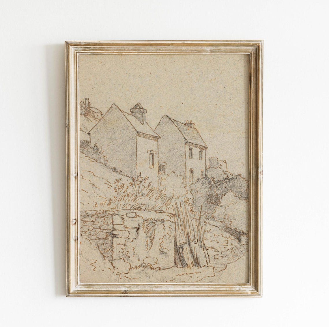 Vintage Pencil Sketch Rustic Cottages Landscape Drawing Poster - Image 6