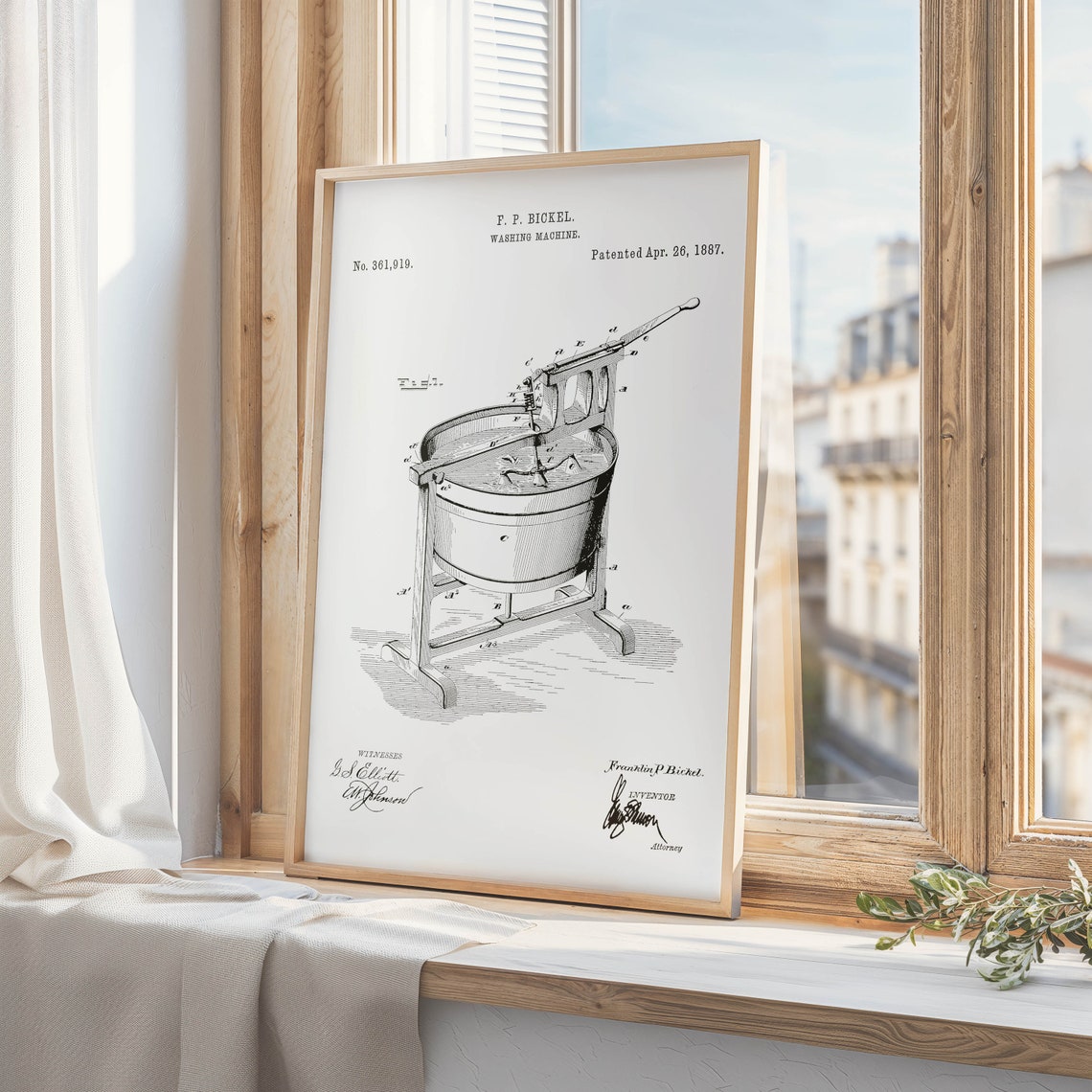 1887 Washing Machine Patent Drawing Bickel Vintage Laundry Poster - Image 2