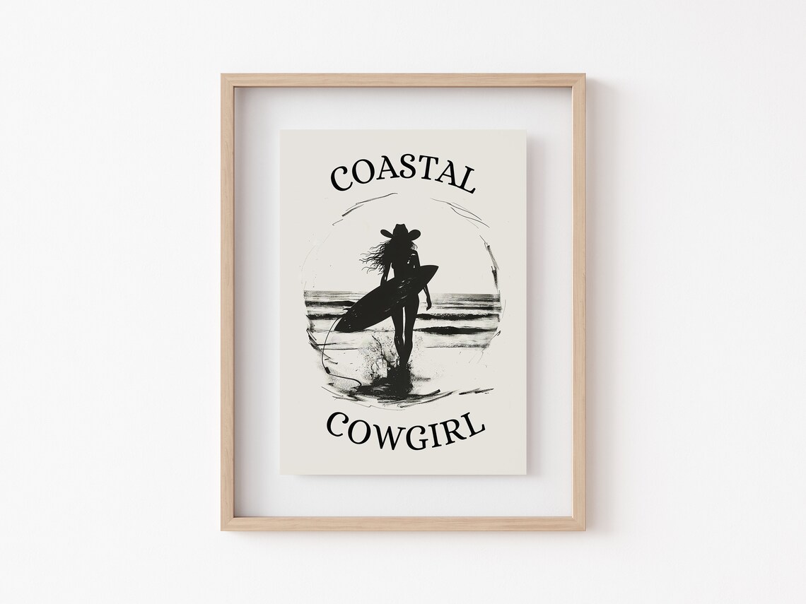 Coastal Cowgirl Bold Surfer Silhouette Beach Western Art Poster - Image 4