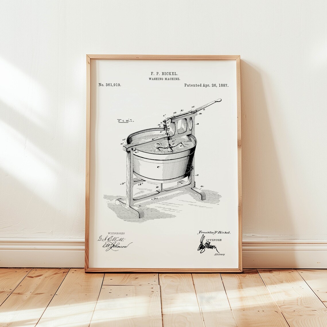 1887 Washing Machine Patent Drawing Bickel Vintage Laundry Poster