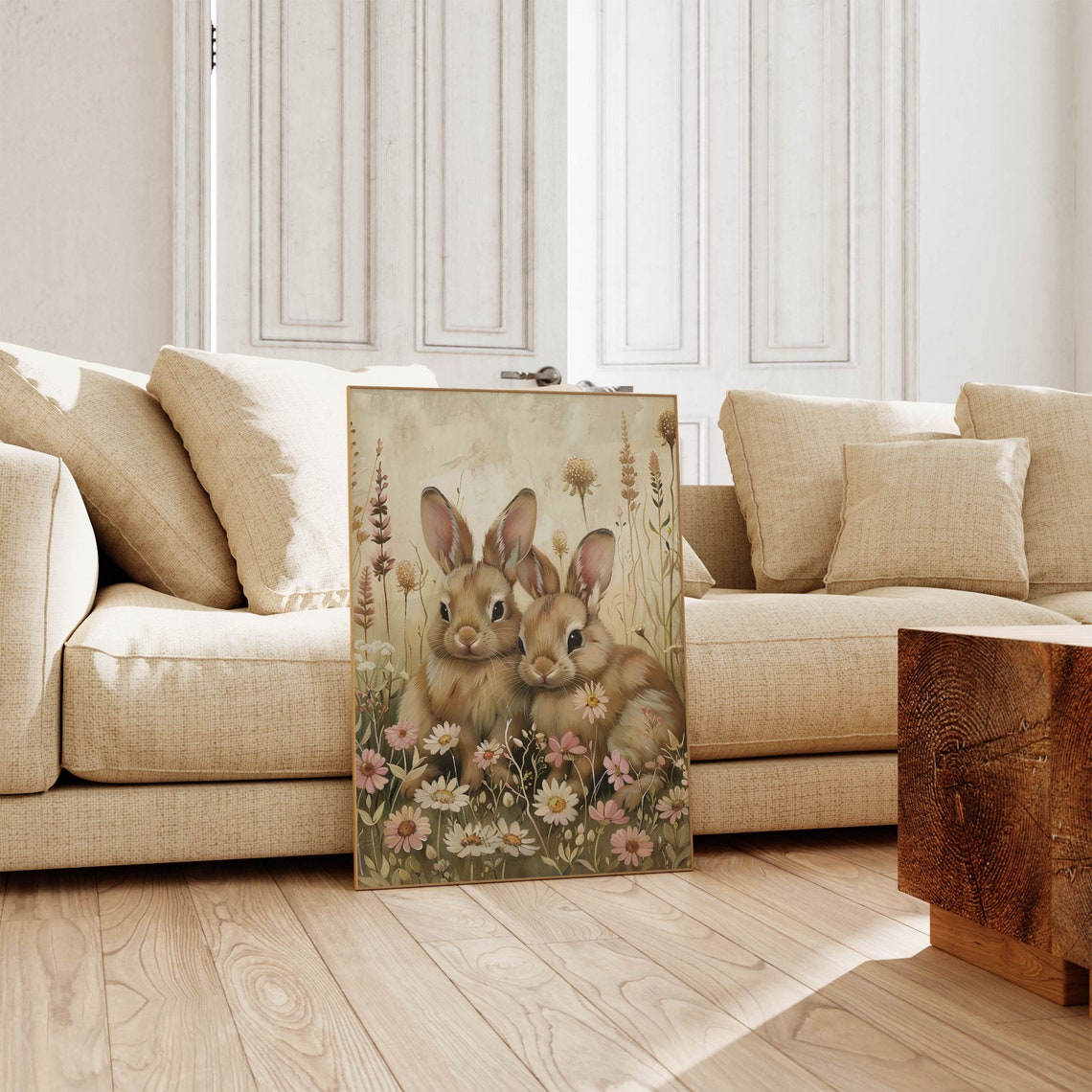Vintage Style Bunnies Wildflower Meadow Painting Easter Poster - Image 4