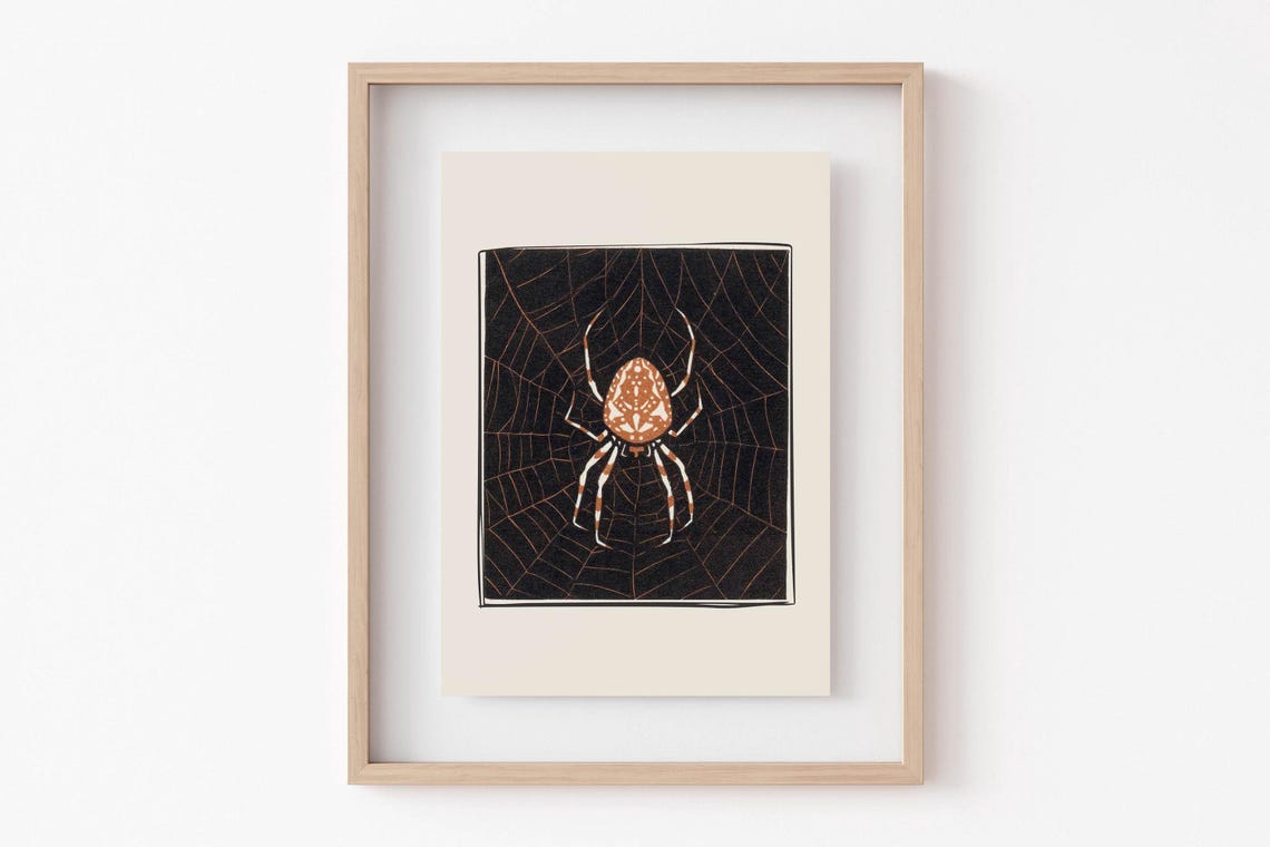 Vintage Spider On Web Woodblock Style Halloween Insect Art Poster - Image 2