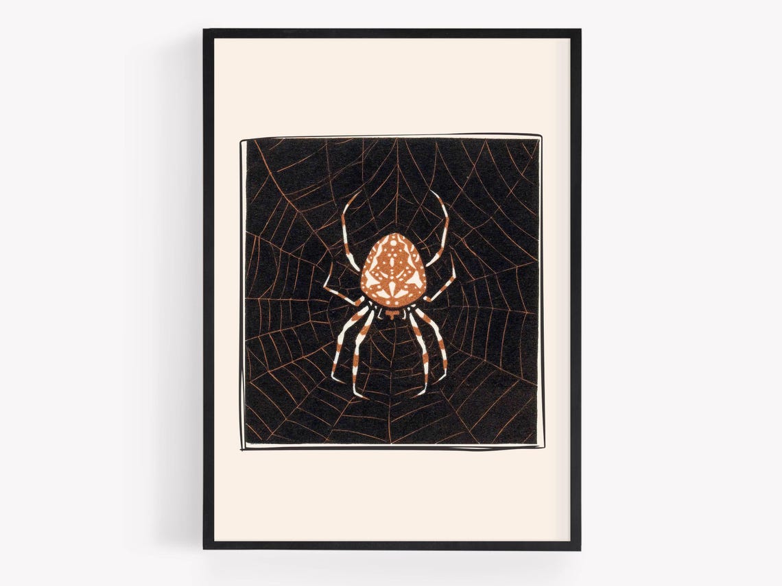 Vintage Spider On Web Woodblock Style Halloween Insect Art Poster - Image 6
